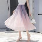 Contrast Color Mesh Midi A-line Pleated Skirt