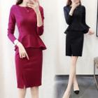 Crew-neck Long-sleeve Peplum Dress