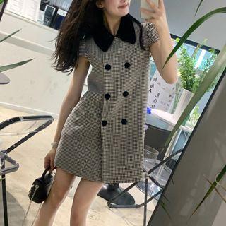 Short-sleeve Double Breasted Houndstooth A-line Dress