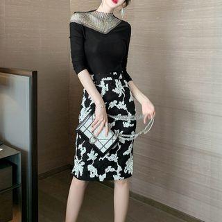 Set: Long-sleeve Mock-neck Mesh Panel T-shirt + Pencil Skirt