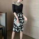 Set: Long-sleeve Mock-neck Mesh Panel T-shirt + Pencil Skirt