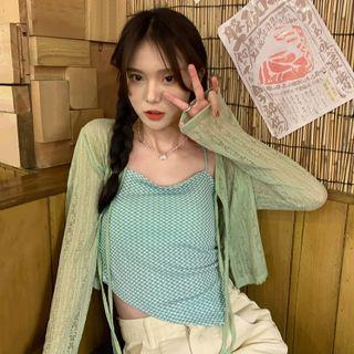 Asymmetric Printed Camisole Top / Long-sleeve Plain Lace-up Knit Cardigan