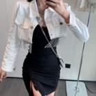 Fringed Cropped Denim Jacket / Spaghetti-strap Mini Sheath Dress