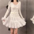 Long-sleeve Fluffy Trim Lace-up T-shirt / A-line Skirt