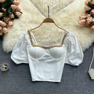 Square-neck Chain Puff-sleeve Top