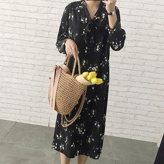 Floral Bow Accent Long-sleeve Midi Dress