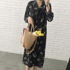 Floral Bow Accent Long-sleeve Midi Dress