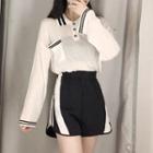 Long-sleeve Striped-trim Sheer Polo Shirt