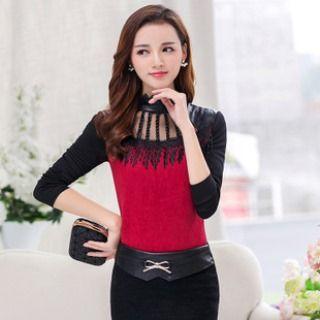 Long-sleeve Lace-panel Fleece-lined Top