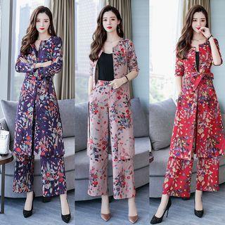 Set: Open Front Floral Long Cardigan + Wide-leg Pants