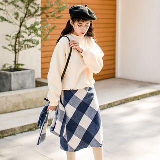 Set: Letter Embroidered Pullover + Plaid Midi A-line Skirt + Plaid Scarf