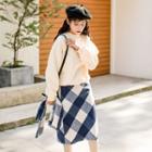Set: Letter Embroidered Pullover + Plaid Midi A-line Skirt + Plaid Scarf