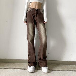 High-waist Washed Lace-up Boot-cut Pants