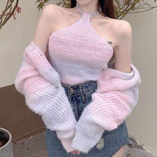 Halter-neck Fluffy Knit Top / Cardigan