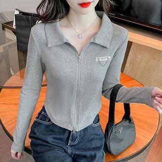Long-sleeve Label Applique Chained Zip-up Polo Shirt