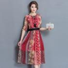 Elbow-sleeve Gathered-waist Floral Print Crewneck Chiffon A-line Slim Long Sheath Dress