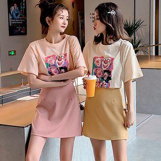 Set: Elbow-sleeve Crown Print T-shirt + Skirt