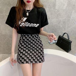 Set: Elbow-sleeve Lettering T-shirt + Patterned Mini A-line Skirt