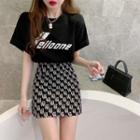 Set: Elbow-sleeve Lettering T-shirt + Patterned Mini A-line Skirt