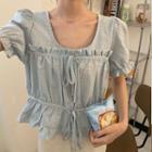 Frilled Trim Check Puff Sleeve Blouse