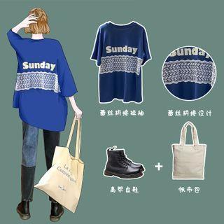 Lace Trim Lettering Elbow-sleeve T-shirt