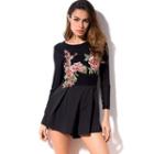 Flower Embroidered Long-sleeve Playsuit