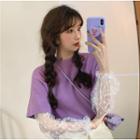 Mock Two-piece Long-sleeve Floral Mesh T-shirt