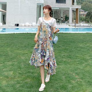 Set: Short-sleeve T-shirt + Spaghetti Strap Floral Print A-line Midi Dress