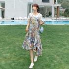 Set: Short-sleeve T-shirt + Spaghetti Strap Floral Print A-line Midi Dress