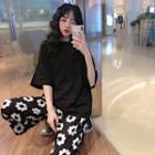 Open Back Elbow-sleeve T-shirt / Flower Print Cropped Straight-fit Pants