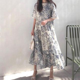 Elbow-sleeve Printed Maxi Dress As Shown In Figure - One Size