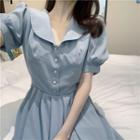 Collared Short-sleeve A-line Dress Blue - One Size