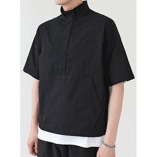 Zip-detail Kangaroo-pocket Linen Blend Top