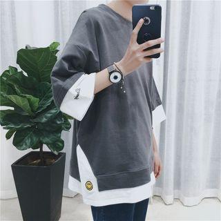 Smiley Face Embroidered Mock Two Piece 3/4 Sleeve T-shirt