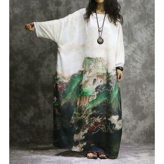 Long-sleeve Print Midi Dress Green - One Size
