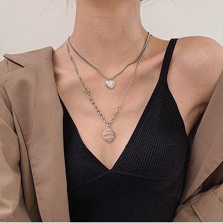 Stainless Steel Heart & Disc Pendant Layered Necklace As Shown In Figure - One Size