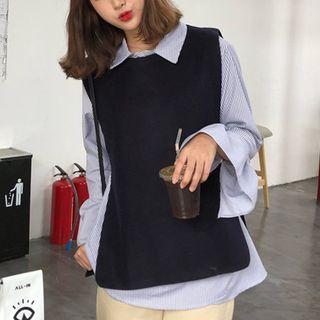 Striped Long-sleeve Shirt / Plain Vest