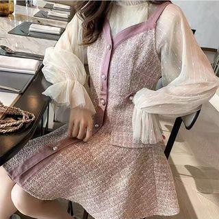 Set: Bell-sleeve Blouse + Mini Tweed Pinafore Dress
