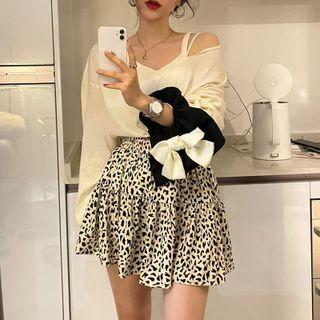 Asymmetrical Cold-shoulder Blouse / Leopard Print A-line Skirt