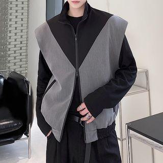 Stand-collar Color-block Vest Gray - One Size