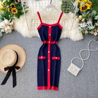 Spaghetti Strap Contrast-lining Midi Sheath Knit Dress