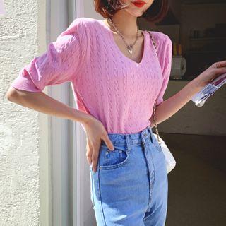 Colored V-neck Cable-knit Top