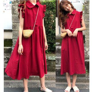 Frill Trim Sleeveless Collared A-line Dress Wine Red - One Size