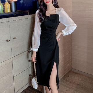 Puff-sleeve Paneled Asymmetrical A-line Dress
