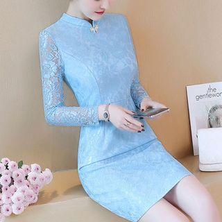 Long-sleeve Mandarin Collar Sheath Lace Dress