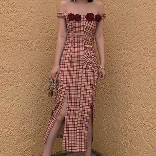 Plaid Off-shoulder Slit Midi Sheath Dress