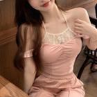 Lace Panel Mock Two-piece Cropped T-shirt / Wide Leg Pants