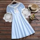Short-sleeve Crew Neck Embroidered Panel A-line Dress