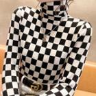 Long-sleeve Checkerboard Turtleneck Knit Top