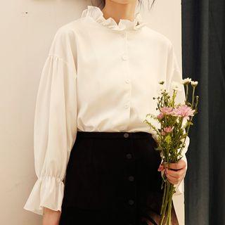 Ruffle Trim Lantern-sleeve Blouse White - One Size